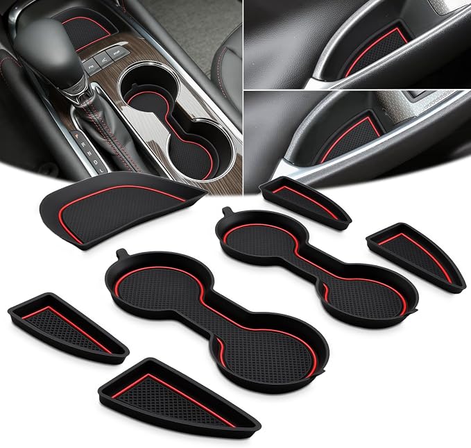 Auovo Cup Holder Inserts Coaster Center Console Liners Compatible with Chevy Malibu Accessories 2017-2025 Silicone Cup Mat Pad Door Liners Car Interior Decoration(Red, 7PCS-with Door Liners)