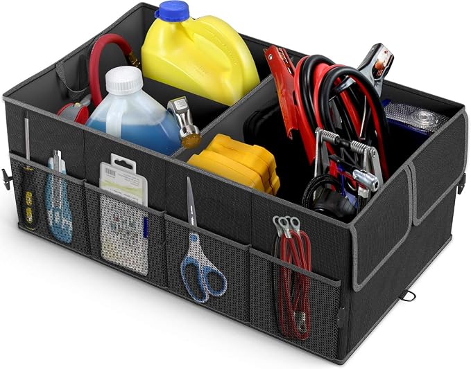 EPAuto Foldable Car Trunk Organizer for SUV, 3-Compartment, Black | with Removable Divider, Side Pockets and Securing Straps