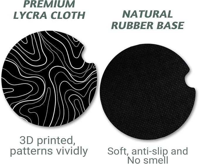 Topographic Anti-Slip Rubber Car Cup Mat with 2 Pack Cup Holder Coasters for Men & Women, Cute Interior Accessories