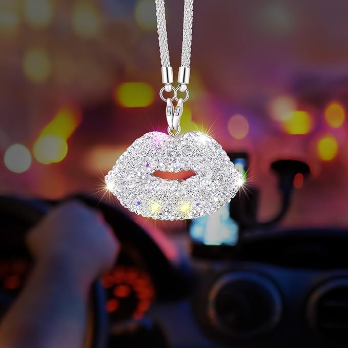 Bling White Lip Diamond Car Accessories for Women, Crystal Car Rear View Mirror Charms Car Decor Valentine's Gifts Lucky Hanging Interior Ornament Pendant (White)