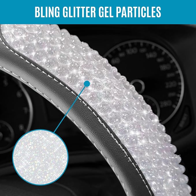 PIC AUTO Steering Wheel Cover, Glitter Gel Particles & Pink Luxury Leather Car Steering Cover, Universal Fit 14.5"-15.5" Anti-Slip Car Wheels Cover for Girls & Women