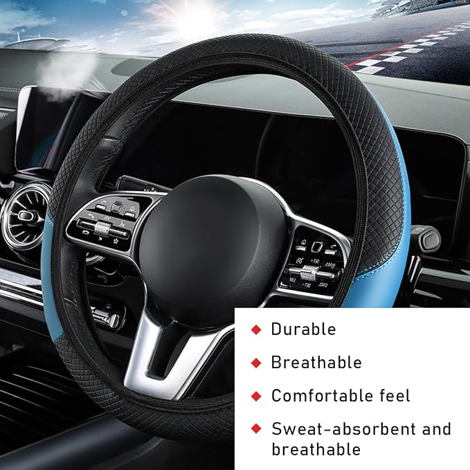 povtii Car Steering Wheel Cover, 15 Inch Leather Breathable Auto Steering Wheel Protector, Comfortable Non-Slip Vehicle Steering Wheel Covers, Universal Interior Car Accessories (Black+Blue, AD)