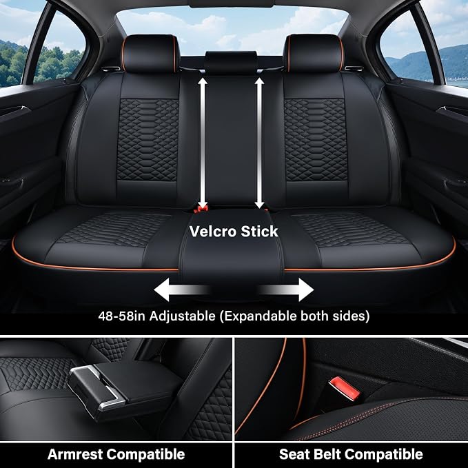 Coverado Leather Seat Covers, Car Seat Covers Full Set, Nappa Leather Seat Covers for Cars, Car Seat Protectors Waterproof, 5 Seats Black&Orange Automotive Seat Covers Fit for Most Cars Trucks