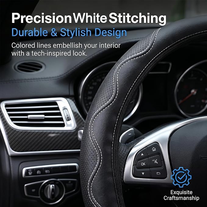 Elastic Steering Wheel Cover Black and White Universal 14-15 inch | Leather Car Steering Wheel Covers Stretch Microfiber Breathable Anti-Slip Without Inner Ring Steering Wheel Accessories