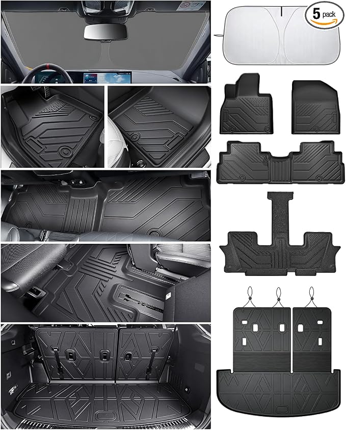 Floor Mats for Kia Telluride 2020-2025(7/8 Seat), All Weather Protection Custom Floor Mats Trunk Cargo and Car Windshield Cover Set for Kia Telluride Accessories,Car Floor Liners Set,5packs.