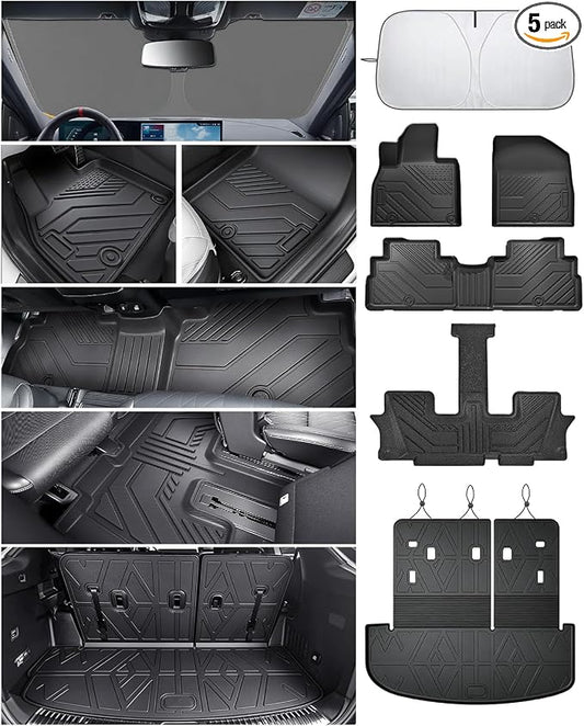 Floor Mats for Kia Telluride 2020-2025(7/8 Seat), All Weather Protection Custom Floor Mats Trunk Cargo and Car Windshield Cover Set for Kia Telluride Accessories,Car Floor Liners Set,5packs.