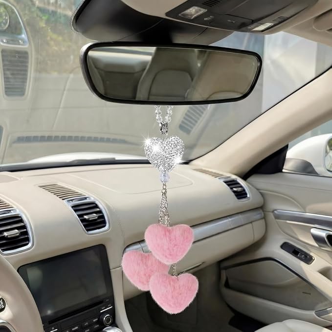 Frienda Pink Car Rear View Mirror Accessories for Women Bling Heart Shaped Rhinestone Hanging Charm Sparkly Rear Mirror Ornament Pendant Gift for Girlfriend Wife Female Drivers Car Interior Decoration
