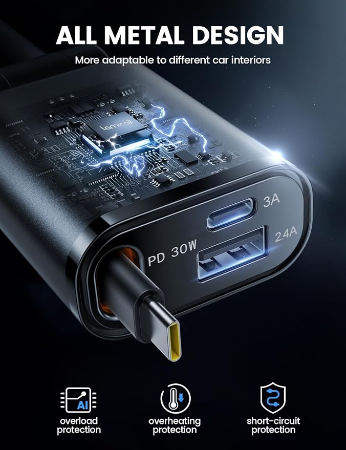Lamicall Car Charger USB C for iPhone 17 16 15 Fast Charging [60% More Compact] 57w Type C Retractable Car Charger Fit Samsung Galaxy S25 S24 Ultra Pixel Android, Car Accessories Gifts for Men Women