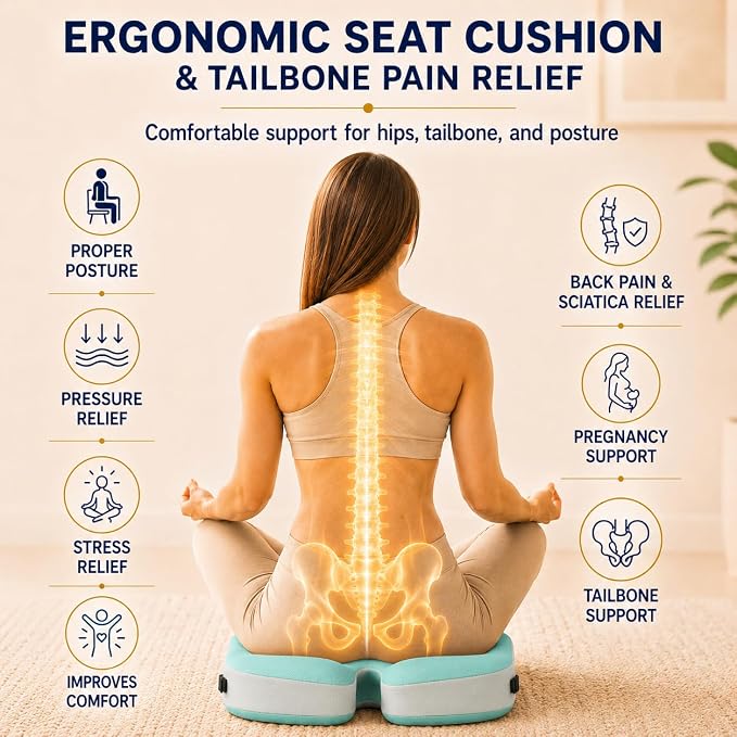 Memory Foam Ergonomic Seat Cushion for Office Chairs Pain Relief | Suitable for prolonged sitting, relieves tailbone pain, fits office chairs, wheelchairs, car seats and computer desk chairs