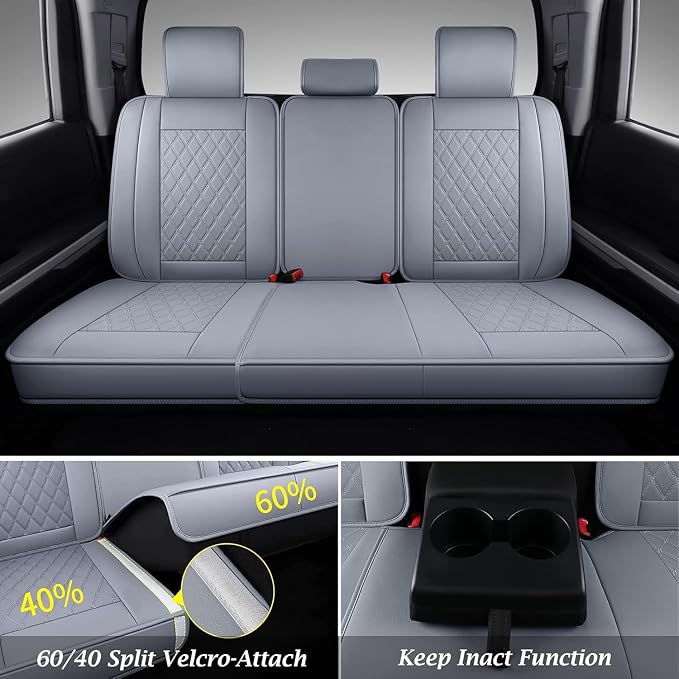 Coverado Tundra Seat Covers, Back Leather Car Seat Covers for Trucks, Automotive Seat Covers Protector Custom Fit 2007-2021 Toyota Tundra(Rear Seat Cover/Gray)