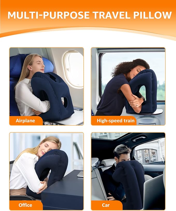 Sunany Travel Pillow, Inflatable Neck Pillow Used for Airplanes/Cars/Buses/Trains/Office Napping with Eye Mask/Earplugs (Blue)