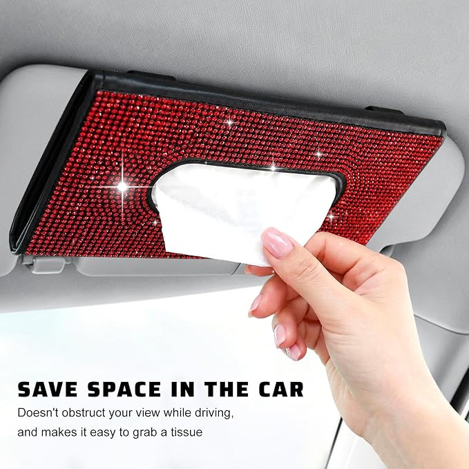 Bling Car Sun Visor Tissue Box Holder, Sparkling Auto Sun Visor Napkin Box Mask Holder, PU Leather Glitter Rhinestone Backseat Paper Towel Case for Cars Trucks SUVs (Red)