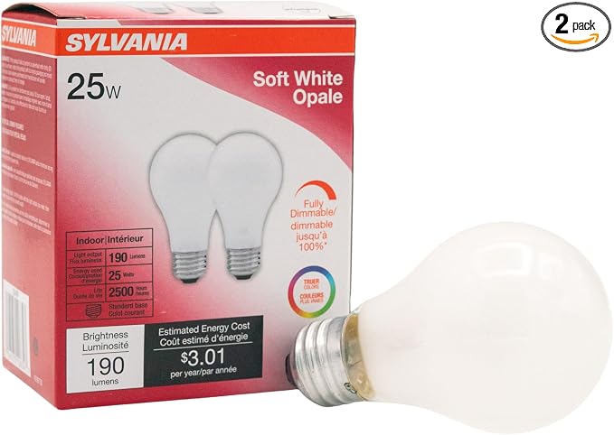 Sylvania 25 Watt Light Bulbs 2 Pack - Dimmable Incandescent A19 E26 Medium Base General Purpose Bulbs, 25W Household Light Bulbs, 120V Frosted Warm White