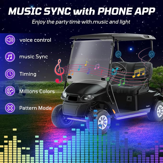 Universal Golf Cart Underbody Light Kit 4PCS, 12V-80V Underglow LED Strip with Bluetooth APP Control,Multicolor RGB,Music Sync Modes,IP68 Waterproof for EZGO Club Car Yamaha(Included Voltage Reducer)