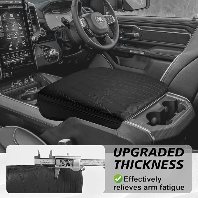 Muslogy Center Console Armrest Cover Fit for Ram 1500 2500 3500 2019-2026 Accessories, Comfort Armrest Pad Console Lid Cushion Vegan Leather 1-Inch Extra Thick, Bucket Seat ONLY (V2 Diamond Pattern)