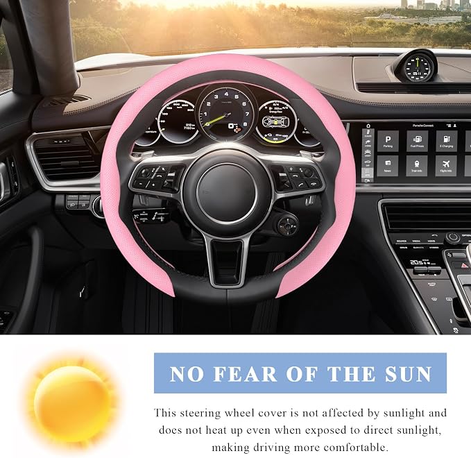 Steering Wheel Cover, 15 Inch Anti-Slip Breathable Steering Wheel Protector Auto Interior Decor, Heat-Resistant Comfort Grip Wheel Cover Universal for Most Cars Trucks SUVs (Pink)