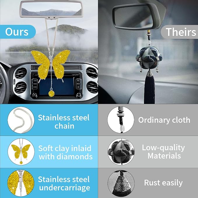 JOYCOURT Bling Butterfly Diamond Car Hanging Accessories for Women, Yellow | Crystal Butterfly Rear View Mirror Luck Car Decoration Accessories, Valentine's Day Presents Ornament Pendant for All Cars