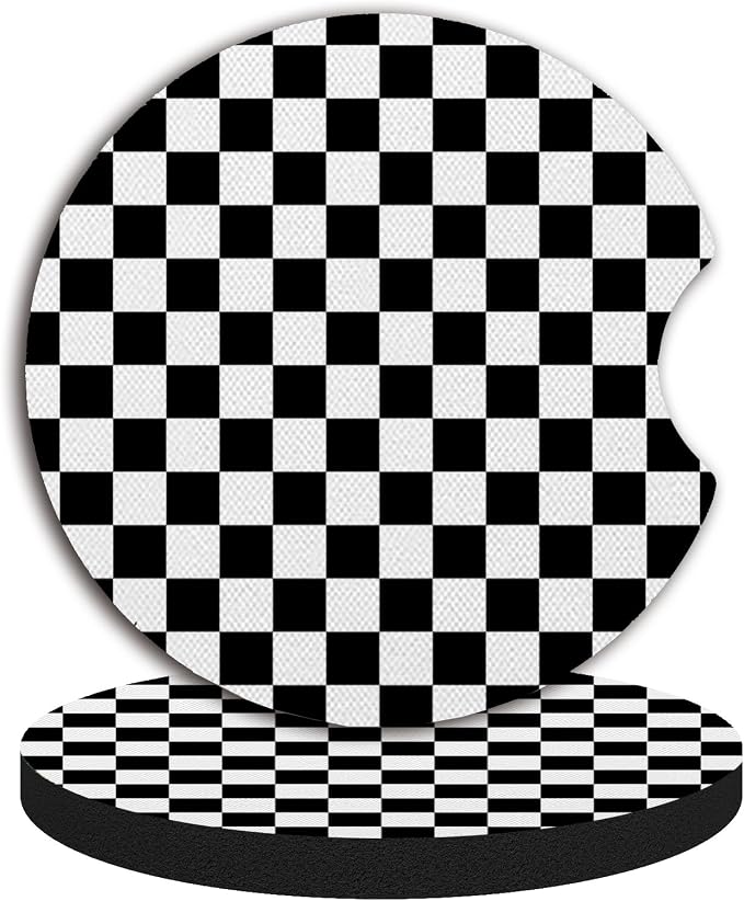 Cute Car Coasters for Cup Holders, 2 Pack Absorbent Universal Neoprene Car Coasters with Finger Slot, Auto Accessories for Women & Men,2.56"(Black/White)