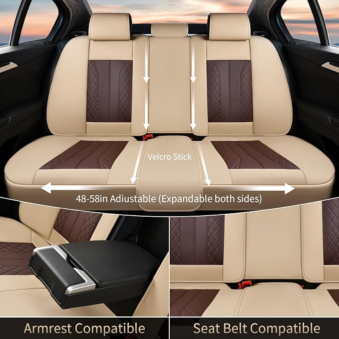 FLORICH Front and Back Seat Covers for Cars Leather Car Seat Cover Full Set 5 Seats Waterproof Seat Protector Automotive Seat Covers Carseat Cover Universal Fit for Most Cars SUV Trucks, Beige&Coffee