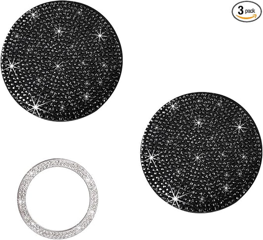 Ziciner 2 Pack Bling Car Cup Holder Coaster, Anti-Slip Auto Insert Coaster with Start Stop Button Cover, Universal Shiny Crystal Vehicle Interior Accessories for Women and Girls (Black)