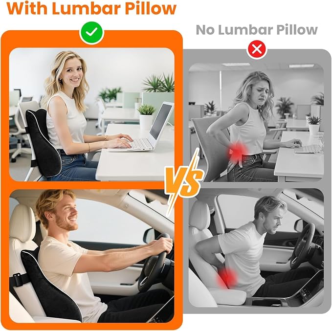 CloudBliss Ergonomic Lumbar Support Pillow – Memory Foam for Lower Back Pain Relief, Adjustable Straps & Mesh Cover for Office, Gaming, Car Seat & Home Essentials (Medium, Black)