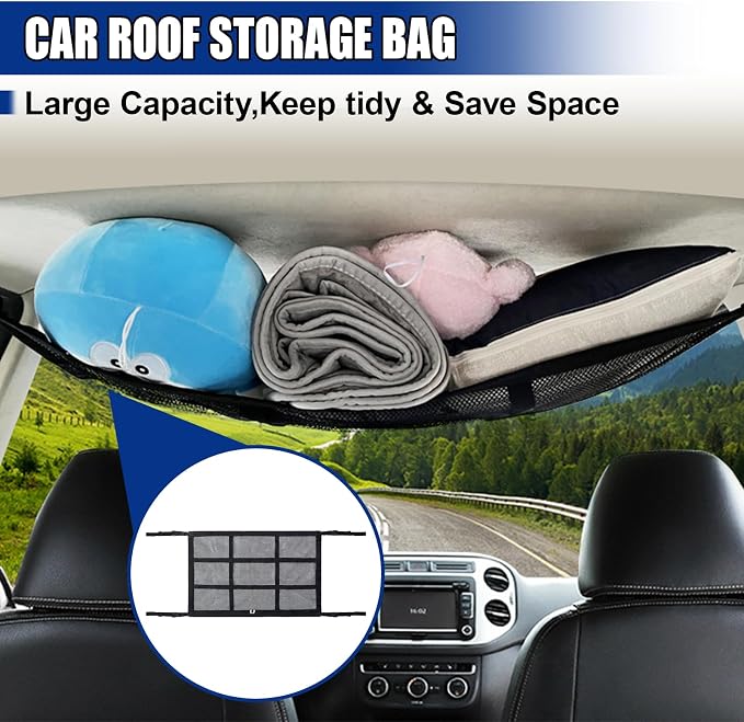Car Ceiling Cargo Net Pocket, 35"×26"Double-Layer Roof Storage Net | Car Camping Essentials Mesh Organizer with Adjustable Buckles, Universal Long Road Trip Auto Accessory for Sedan, Truck, SUV