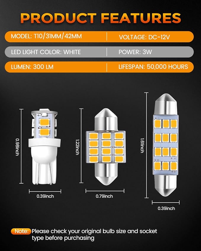 BANGO 24 Pieces Car LED Interior Light Bulbs, Non-Polarity Design with Removal Tool, Suitable for Car Dome Map Door Trunk License Plate Lights, Etc. (Amber Yellow)