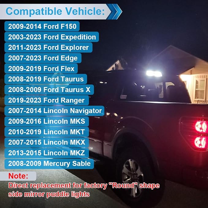 LED Side Mirror Puddle Lights Lamp Compatible with F150 2009-2014, Expedition 2003-2023, Explorer 2011-2023, Edge 2007-2023, Flex Taurus X Ranger 6000K White, Pack of 2