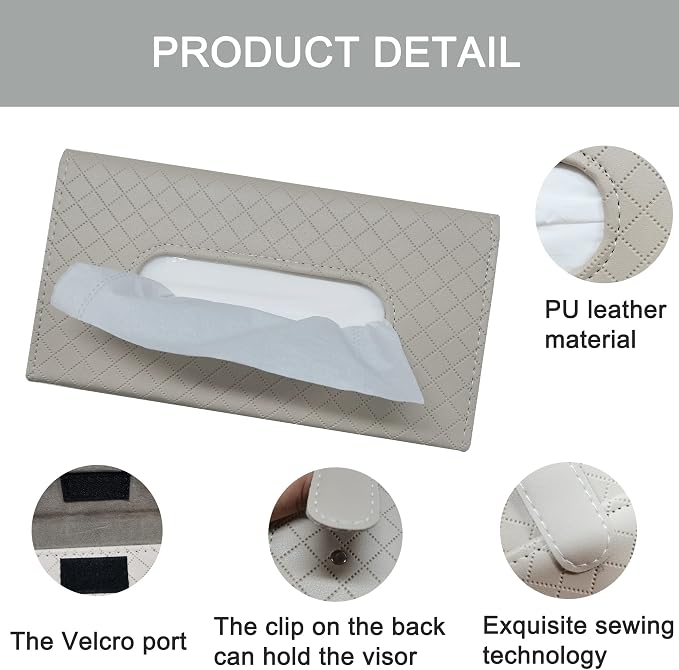 Car Sun Visor Tissue Holder, Car Napkin Holder, Premium PU Leather, Mask Holder for Sun Visor Vehicle, with Tissue Refill, Beige