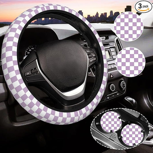 Light Purple Checkered Steering Wheel Cover for Women, Universal Auto Steering Wheel 14-15 Inch Car Interior Accessories with 2PCS Car Coasters, Suitable for Men and Women