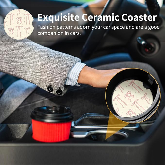 Cute Bowknot Car Coasters,Absorbent 2 Pack for Cup Holders with Finger Notch,2.56 inches Ceramics Heat Resistant Anti Slip Cork Base Car Drinks Coasters Auto Cup Holder