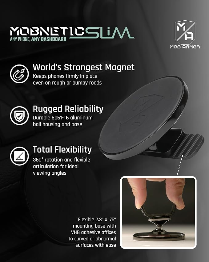 Mob Armor Slim Mount MS - Magsafe Car Mount, Magnetic Cell Phone Holder, MagSafe Car Accessories for Women & Men, Compatible with iPhones & Androids - Sleek, Industries Strongest Pull Force - Black
