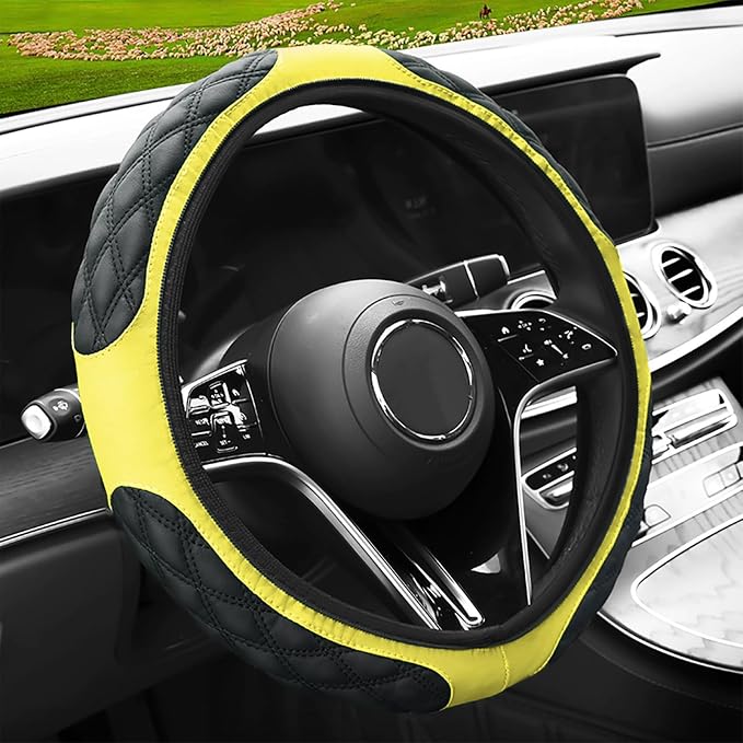 15 Inch Leather Steering Wheel Cover, Automotive Accessories Breathable Anti-Slip Elastic Soft Wheel Protector, Fit for Most SUVs Trucks and RVs (Yellow)