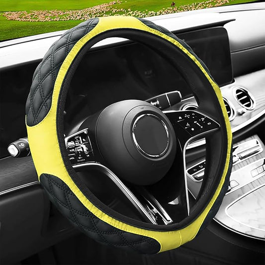 15 Inch Leather Steering Wheel Cover, Automotive Accessories Breathable Anti-Slip Elastic Soft Wheel Protector, Fit for Most SUVs Trucks and RVs (Yellow)
