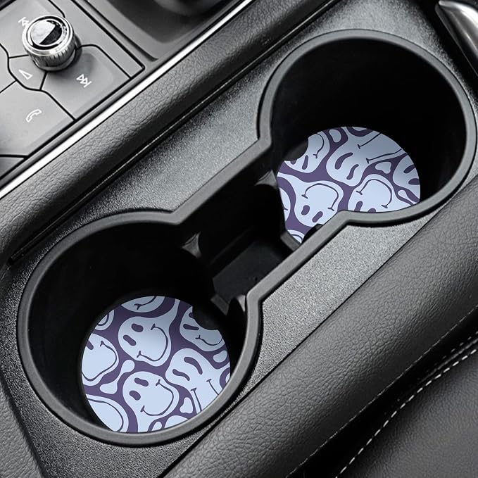 Car Coasters,Purple Smily Absorbent 2 Pack for Cup Holders with Finger Notch,2.56 inches Ceramics Heat Resistant Anti Slip Cork Base Car Drinks Coasters Auto Cup Holder(Blue Smily)