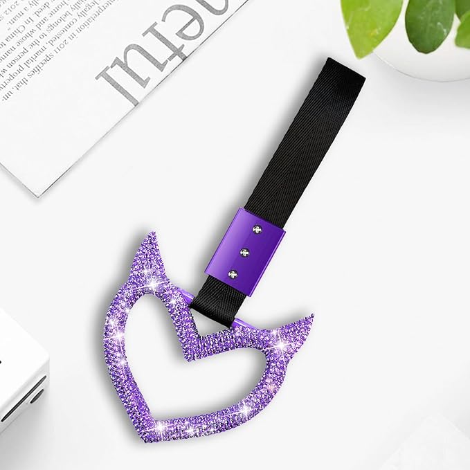 NBTEPEM Bling Heart Handle Keychains Bling Car Accessories for Women Hand Strap Drift Charm Rear Bumper Warning Ring Tsurikawa Heart Decor for Car Interior Exterior Decoration (Purple, Devil Style)