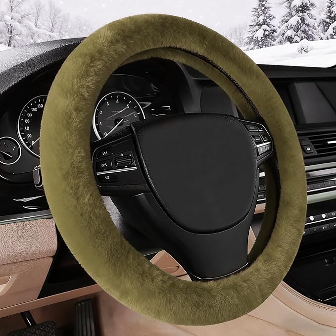 Furry Warm Steering Wheel Cover, Universal 14.5-15 Inch Winter Plush Warm Steering Wheel Cover, Soft Fluffy, Anti-Slip Design, Soft Texture (Green)