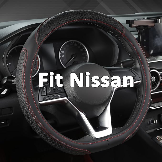 West Llama Customized Auto Car Steering Wheel Cover for Nissan,D Shaped Steering Wheel Cover for Rogue,Altima,Kicks (D-Shaped-Black+Red Line)