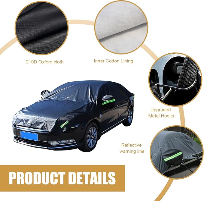 Shakas Half Car Cover, Sun Protection Heat Insulation and Anti-hail Protector for All Seasons, Oxford Velvet Thickened Waterproof Foldable Outdoor Car Cover, for Most Sedans (Black)