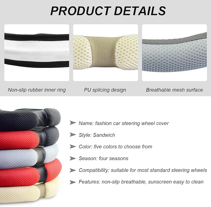 Car Steering Wheel Cover, 15" Anti-Slip Steering Wheel Protector Soft Hand Pad Cushion, Breathable Ice Silk Auto Wheel Wraps Comfy Grip All-Season Protector for Most Vehicles (Black & Red)