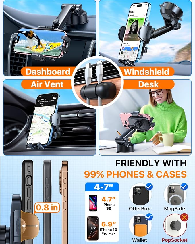 HTU 2026 Ultimate Best【True Military-Grade & Safety Cert】 Car Phone Holder | 【Upgraded 360 Rotation & 100LBS Strongest Suction】5-in-1 Truck Windshield Dashboard Vent Mount Stand for iPhone Android,Black