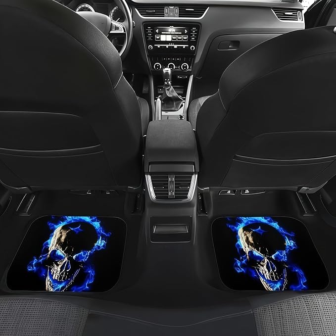 Universal Fit Car Floor Mats Set of 4Pcs, Blue Skull Print All-Weather Front Rear Car Carpet Mats, Non-Slip Car Floor Mat Car Accessories for Automotive Trucks SUV Sedans Vans