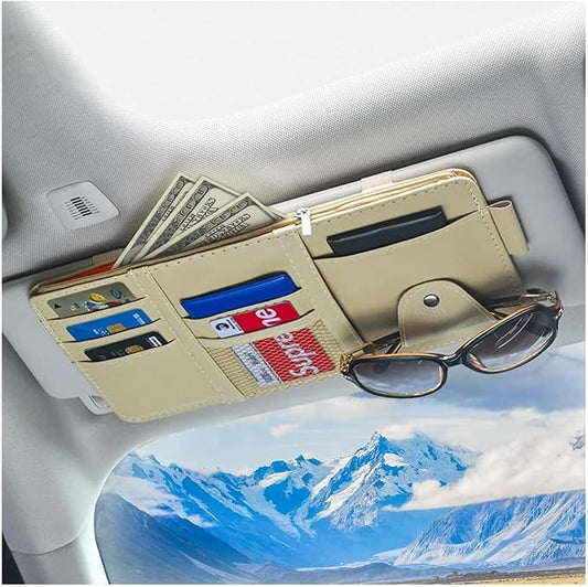 XINLIYA Car Sun Visor Organizer, Leather Storage Pocket Sun Visor Pouch with Zipper for Cards License Registration Pen Glasses Document, Fits Most Car SUV, Auto Interior Accessories (Beige)