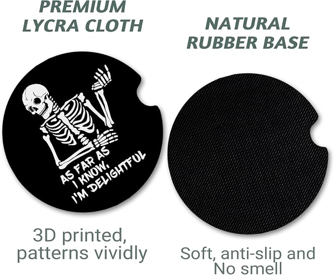 Yonlevres Car Coasters for Cup Holders，2.75" Anti Slip Rubber Mat with A Finger Notch, 2 Pack Car Cup Holder Coasters for Car Interior Accessories for Women Men Skull Skeleton