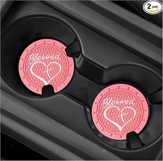 4 PCS Car Cup Holder Coaster, 2.76 Inch Soft PVC Non-Slip Blessed Cross and Heart Christian Car Cup Coasters, Auto Interior Shockproof Insert Drink Mat for Most Vehicles (Pink)