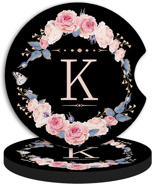 2pcs Letter K Car Coasters,Absorbent Universal neoprener Cup Holder Coasters with a Finger Notch,Car Accessories for Women&Man Interior，2.75"