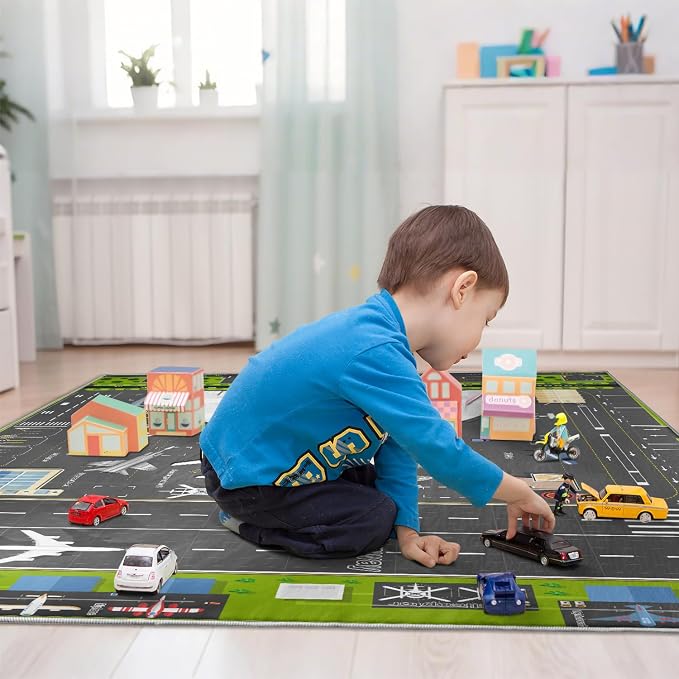 Kids Airport Runway Rug, Faux Wool Airplane Map, Non-Slip, 5 x 7 ft | Runway and airplane design; Aviation-themed play; Soft faux wool surface; Non-slip backing; Easy-care finish