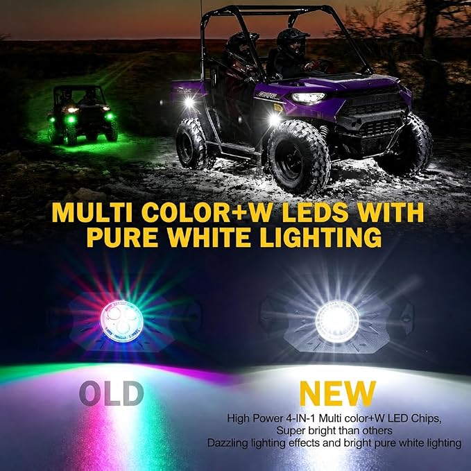 Xprite Colorful LED Rock Lights Kit with Bluetooth & Wireless Remote Controller, Multicolor Cars Underglow, Wheel, Footwell Neon Light Kits, for Off-Road UTV ATV Trucks SUV Motorcycle Boats - 4 Pods