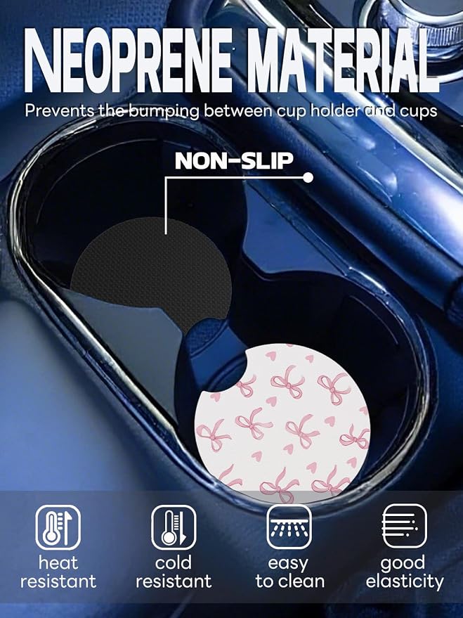 WOCOCN Car Coasters,Cup Holder Coasters for Car,2.75inch Anti Slip and Absorbent,Cute Automotive Interior Accessories for Cup Holder,Pack of 2 (Love Bow)