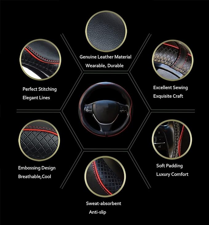 ESEWALAS Universal Car Steering Wheel Cover,Anti-Slip Leather Steering Wheel Cover,Sports Style Steering Wheel Protector,Car Interior Accessories Auto Steering Wheel Covers (Black with Red)